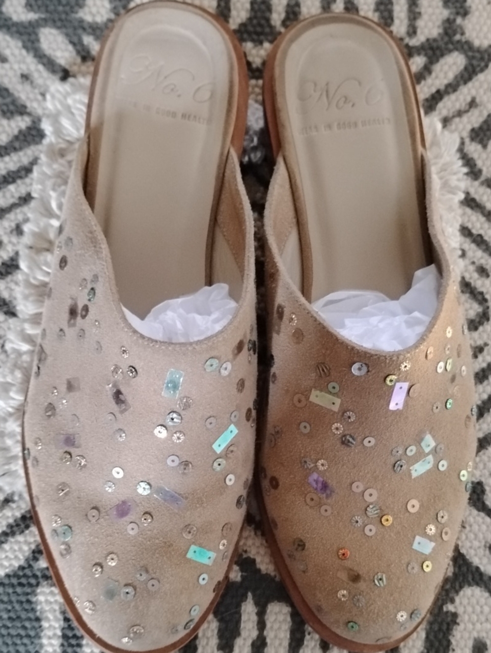 No. 6 Wesr In Good Health Tan Suede Sequin Slip-On Mules